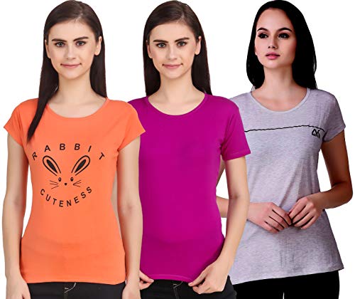Image of MODISH women's round neck cap sleeve printed cotton t-shirts combo of 3 t-shirts