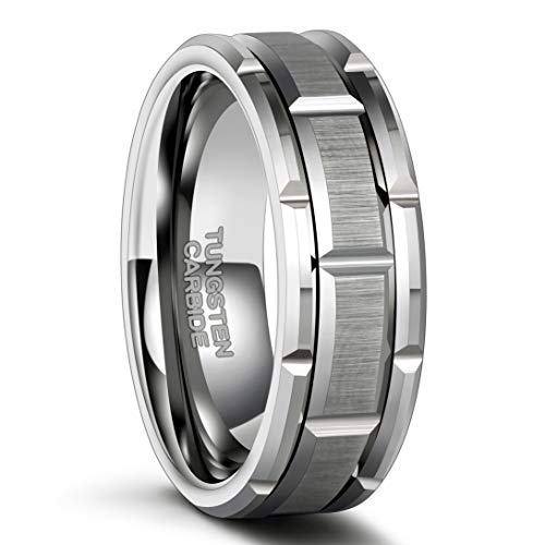 Greenpod 8mm Tungsten Carbide Rings for Men Silver Brick Pattern Brushed Matte Classic Wedding Band Grooves Size 7