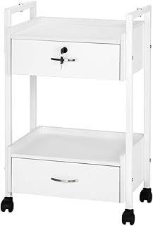 Salon Trolley Cart for Beauty SPA, Wooden Rolling Storage Station, White Mobile Utility Cabinet with 2 Drawers 1 Lockable, Medical Esthetic Supply Holder for Massage Tattoo Facials
