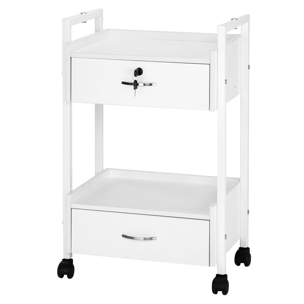 OmySalon Esthetician Cart, Salon Trolley with 2 Lockable Drawers, Salon Tray Wooden Mobile Utility Cabinet, Medical Esthetic Rolling Cart for Beauty SPA Massage Tattoo Facials, White