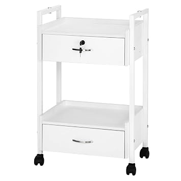 OmySalon Esthetician Cart, Salon Trolley with 2 Lockable Drawers, Salon Tray Wooden Mobile Utility Cabinet, Medical Esthetic Rolling Cart for Beauty SPA Massage Tattoo Facials, White
