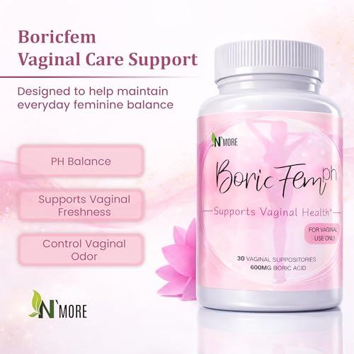 Image of N'More Vaginal Boric Acid Suppositories with Applicator - 600mg (60 Count), 100% Pure Boric Acid for pH Balance Support & Feminine Odor Control, Made in USA