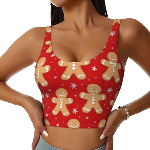 Women Girls Summer U-Shaped Back Sports Bras Elastic Christmas Red Polka Dots Snowflakes Gingerbread Cookies Athletic Tops with Pads Quick Dry Sportswear for Workout Training