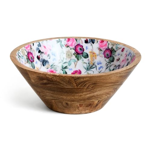Image of SAAGA Handcrafted Mango Wood Serving Bowl - 10x4 Inch Printed Round Bowl | Food-Grade Finish for Noodles, Soups, Curries & Snacks - Red Violet