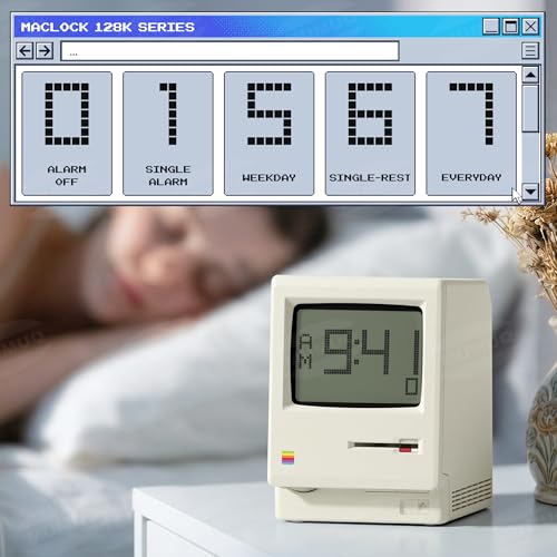 Image of Maclock WB-8 Retro Pixel Alarm Clock 1984 Vintage Computer Decor with Pixel LCD Display, 5 Alarm Modes, Warm Dimmer & Floppy Disk Prop - Nostalgic Gift for Bedroom, Home Office, Gaming Setup