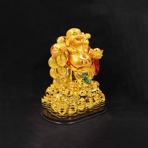 Image of Spillbox Resin Golden Happy man Statue|Laughing Buddha|Feng Shui|Show Piece|Gift Item |Vastu|Decorative Showpiece for Home Decor|Office Desk Table (Happy Man with 3 Coin Big)