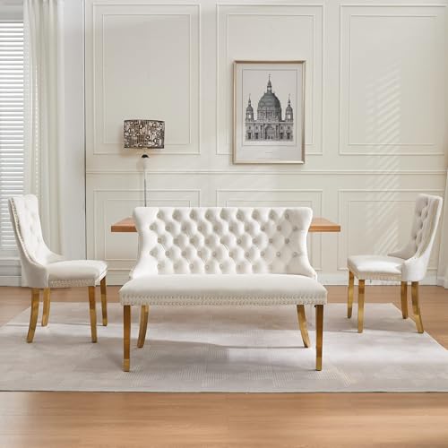 Image of 45.6''Velvet Dining Bench, Button Tufted Upholstered Dining Table Bench with Wing Highback, Nailhead Decoration, Small Loveseat Sofa with Gold-Plated Steel Legs, Mid Century Modern Seating, Beige
