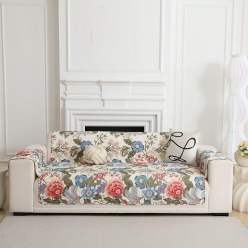 Image of HOMETHREADS Premium Style Anti Slip Sofa Cover Set | Cotton Sofa Slipcover | 1Pc Front Cover with Attached Armrest + 1Pc Back Cover (Rose Beige, 4 Seater | 200x185cm)