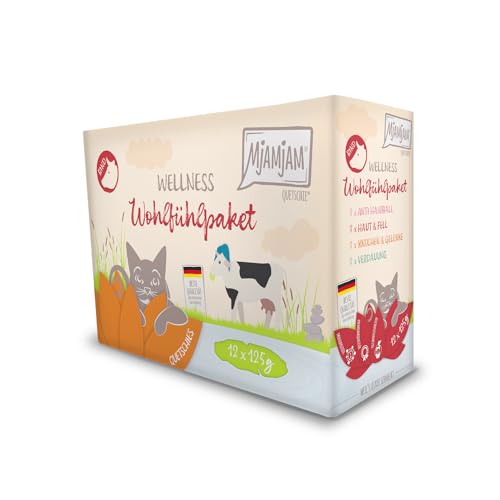 MjAMjAM – Premium Nassfutter für Katzen - Wellness Wohlfühlpaket Rind, 12er Pack (12 x 125g), getreidefrei mit extra Fleisch