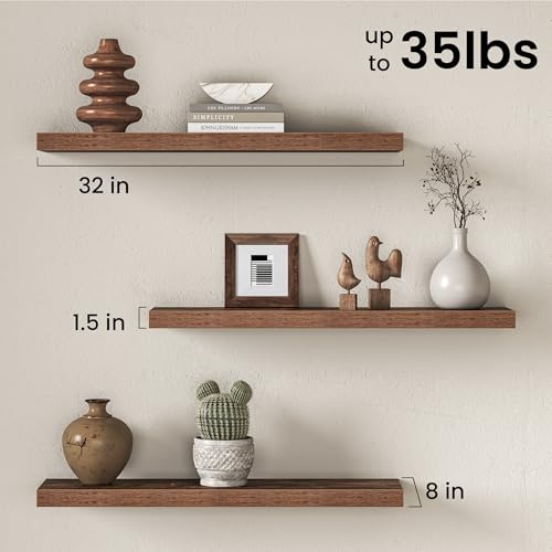 Image of Fun Memories 32Inch Floating Shelves for Wall, 8 Inch Deep Shelves for Bathroom|Bedroom|Kitchen Wall Mounted, Wood Hanging Shelf with Invisible Brackets for Home Storage Decor, Rustic Brown - 2 Pack