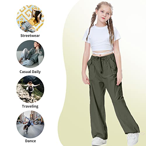 Image of Rolanko Parachute Pants for Girls Y2K Cargo Trousers with Pockets Harajuku Jogger Pants Kids 4-14 Years