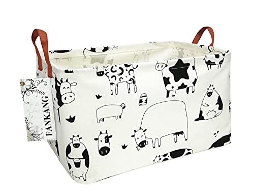 Image of FANKANG Storage Basket,Nursery Hamper Canvas Laundry Basket Foldable with Waterproof PE Coating Storage, Office, Bedroom, Clothes,Toys(L, Rec-cows)