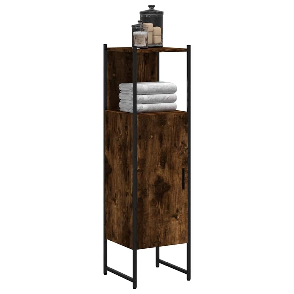 Armadietto da bagno in legno di rovere affumicato, 33 x 33 x 120,5 cm, con anta e mensola, salvaspazio per WC degli ospiti, mobiletto sottolavabo con cassetto e ripiano