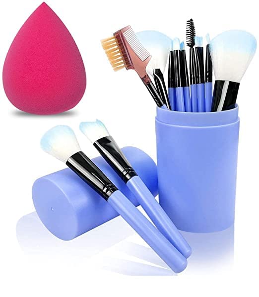 Women’s & Girl’s 12 Pcs Blue Makeup Brushes Set with Storage Box and 1 Pink Beauty Blender – (Pack of 13)