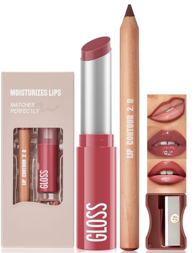 Wugbc 2 Pcs Lipstick and Lip Liner Set Hydrating Lip Tint Non-Sticky Lightweight Lip Balm Plumping Lip Kit for Women Matte Lip Pencil Long Lasting Gradient Glossy Lip Combo with Sharpener, 01