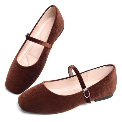 Image of TN TANGNEST Leather Flats for Women Retro Mary Jane Flats | Comfortable Square Toe Slip On Flats with Buckle Strap, Soft Work Flats Office Shoes