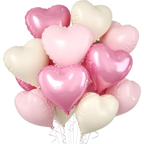 Image of Pink Heart Balloons, 10 Pcs Pastel Light Baby Pink White Foil Heart Shaped Balloon, 18 Inch Cream Sand White Balloons Helium for Engagement, Brithday, Baby Shower, Wedding, Valentines Party Decoration
