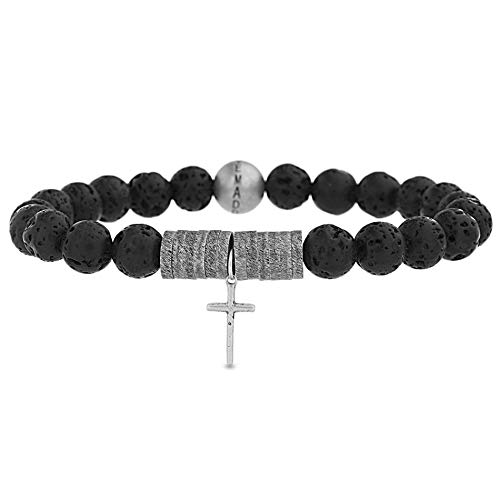 Steve Madden Bead and Discs with Cross Charm Stretch Bracelet in Stainless Steel Black/Silver One Size