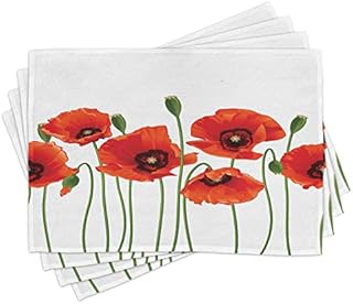 ABAKUHAUS Floral Place Mats Set of 4, Pastoral Flowers Botany, Washable Fabric Placemats for Dining Room Kitchen Table Decor, Red and Green