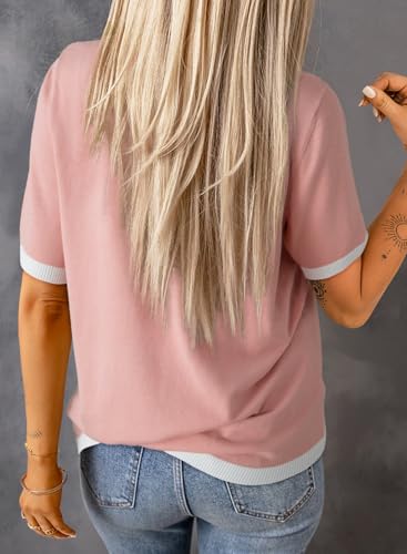 Image of Dokotoo Womens Tops 2026 Casual Summer Crewneck Short Sleeve Striped Color Block Knit High Low Trendy Pullover Sweaters