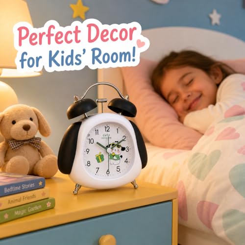 Image of HOME SKILL Alarm Clock Cute Panda Twin Bell, Super Silent Non-Ticking Analog Clock with Backlight, Loud Alarm for Heavy Sleepers, Best for Kids Room, Decor, for Boys & Girls.