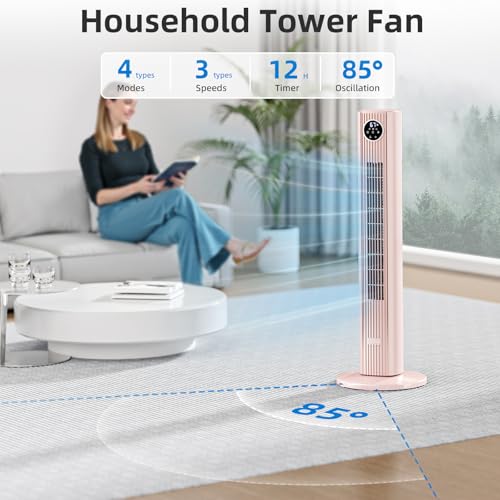 Image of Antarctic Star Tower Fan Portable Floor Fans 85Oscillating Fan Quiet Cooling 12H Timer Remote Control Standing Bladeless Electric 3 Wind Speeds 4 Modes Bedroom Office,36 inch, Pink
