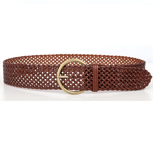 2 Inch Wide Leather Braided Belts for Women Hand Made Soft Woven Waistbands with Round Golden Pin Buckle3