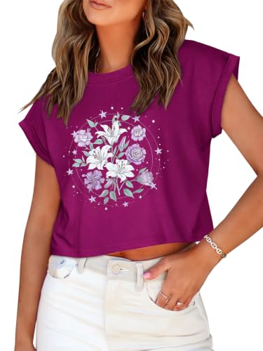 Image of Womens Crop Tops Summer Roll Cap Sleeve Cropped Tshirt Loose Fit Basic Tees