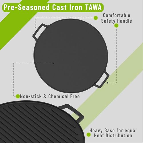 Image of Esspy Cast Iron 2-in-1 Dosa Tawa & Grill with Silicon Handle Grip(30cm) | Double-Sided Tawa /Pan for Roti, Dosa, Chapati, Fish & Steak | Naturally Nonstick, Gas & Induction Cookware