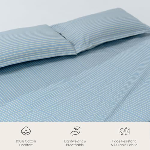 Image of Haus & Kinder King Size Bedsheet 108 x 108 | 186 TC Pure Cotton Bedsheets for Double Bed King Size with 2 Pillow Covers | King Size Bed Sheet Cotton | Seiran Stripe Blue Breeze