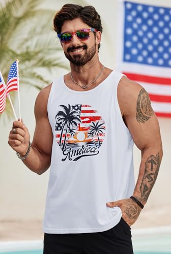 Image of VOGSTART Mens American Flag Tank Top Independence Hawaiian Tee Stylish Print Gym Man Shirt White Hawaiian XL