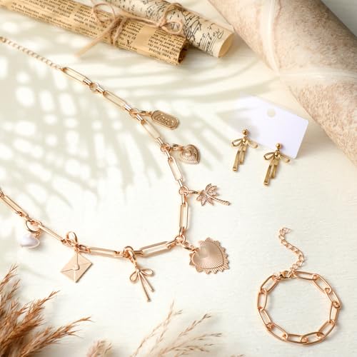 Quelay Gold Chunky Necklace Earrings Bracelet Set Gold Charms Necklace Paperclip Chain Bracelet Bow Earrings Jewelry Removable Charms with Pearl Heart for Women Bridesmaid Prom Wedding Friendship Gift3
