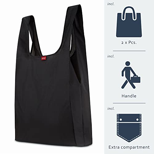 achilles 2er Set Einkaufstaschen, Stabile Tragebeutel wiederverwendbar, Faltbare Beutel aus 100% Polyester, Federleicht und platzsparend, Basic Shopper, 38x46x11cm (Schwarz)
