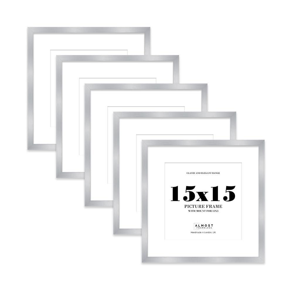 15x15 Silver Picture Frame with Mount for 13x13 Photos, Prints - Modern Square Wall Frame, Set of 5