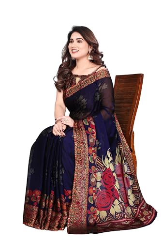 Image of SUPERLAXMI Women's Chiffon Floral Printed Saree with Blouse Piece