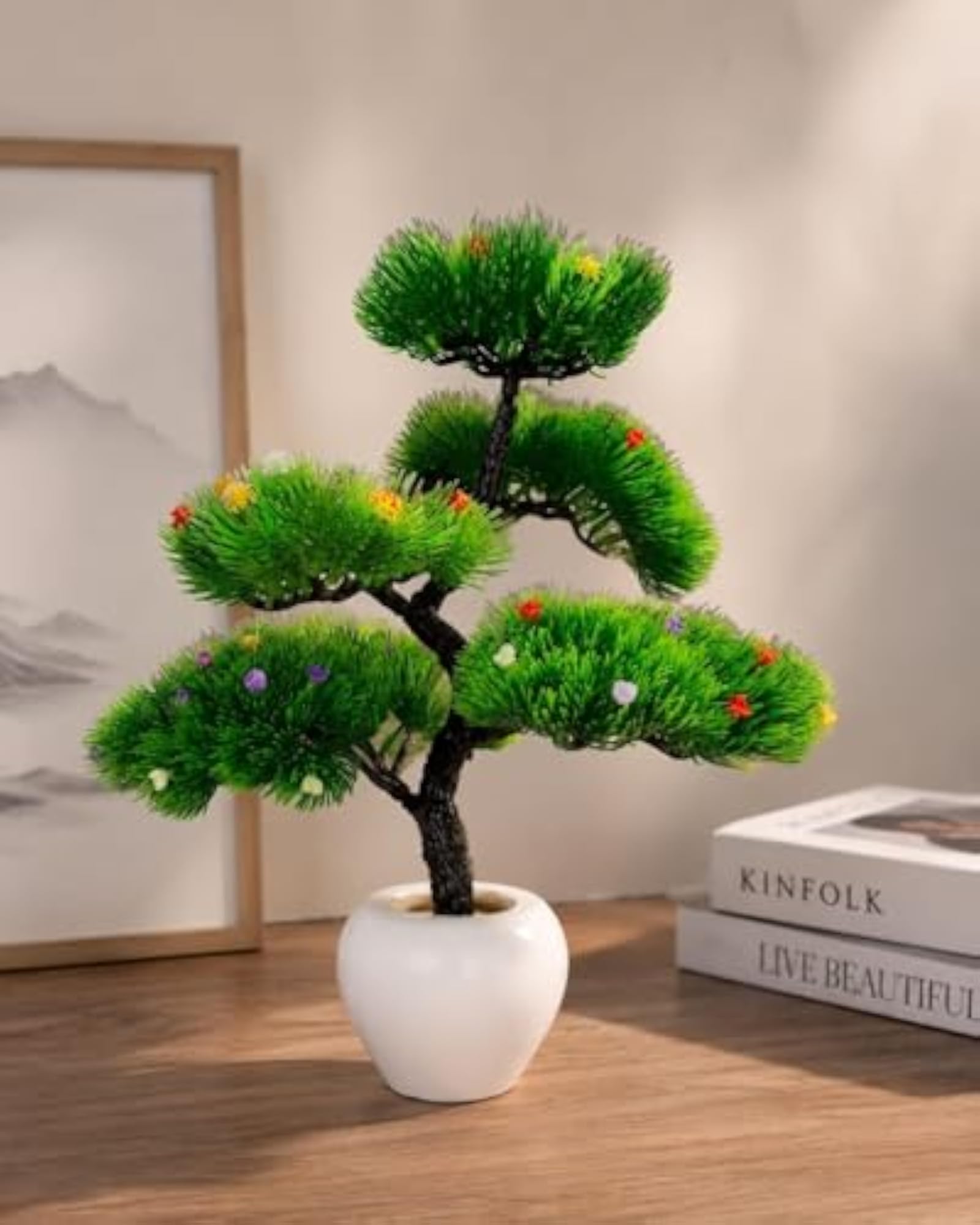 Artificial Green Bonsai Plant with White Ceramic Pot
