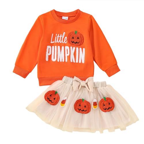 Toddler Girl Halloween Outfit Ghost/Pumpkin Sweatshirt+Embroidered Pattern Skirt 1-6Y