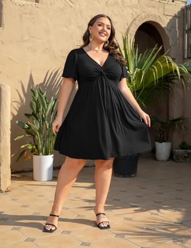 Womens Plus Size Summer Dress Casual Short Sleeves Deep V Neck Twist Knot Front Flowy Dress with Pockets4