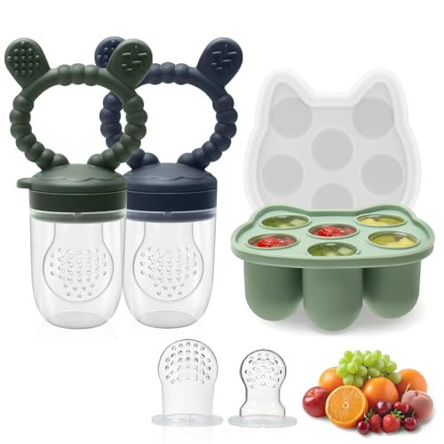 MR.TIMELAG Fruchtsauger Baby 2 Stück Silikon Obstschnuller(mit Eiswürfelform) | Muttermilch-Eiswürfelform zum Abkühlen des Babys BPA-freies Silikon für Obst Gemüse & Babynahrung Beißring