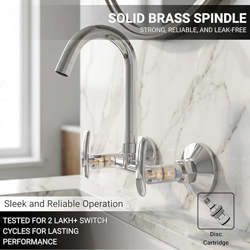 Image of GLOXY Premium Brass Wall Mounted Kitchen Sink Mixer Tap with 360 Swivel Spout - Kitchen Sink Mixer Tap Hot & Cold with Chrome Finish & Imperial Lever for Bathroom & Kitchen Sink - 10 Years Warranty