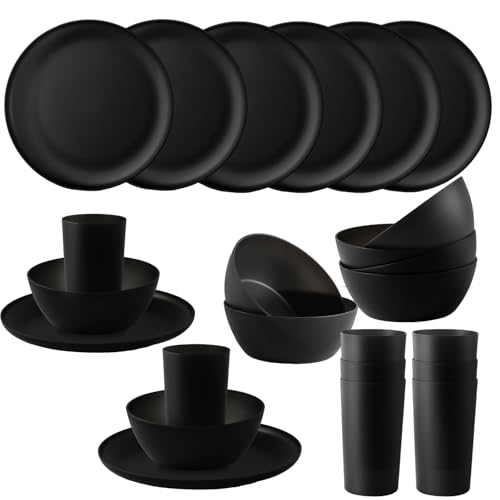 24pcs Dinnerware Sets,Plastic Plates and Bowls Sets,Dishes Set for 8,Unbreakable Modern Dish Sets,Reusable Dinning Set,Dishware Sets for Kitchen,Party or Picnic, Dishwasher Safe,Black,BPA free