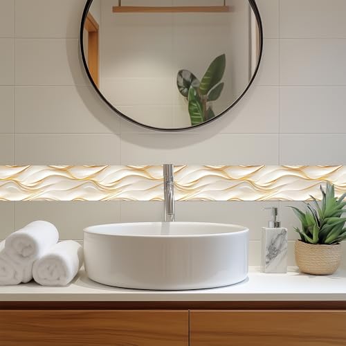 Wallpaper Border Peel and Stick Decorative Wall Trim Self Adhesive Accent Strip for Bedroom Bathroom Kitchen Mirror Frame Ceiling Edging Gold Wave Style Modern Look 4x196 Inch - Image 5
