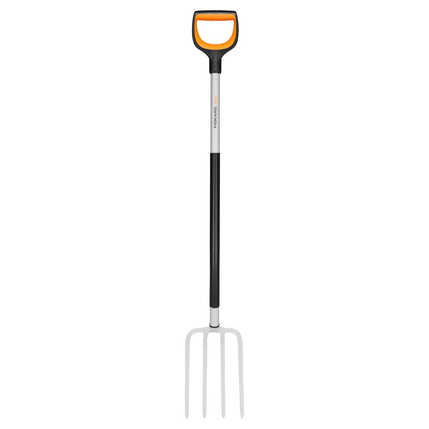 Fiskars Horca de jardín para suelos duros y pedregosos, Con 4 púas, Longitud: 120 cm, Púas de acero de calidad/Mango de plástico reforzado con fibra de vidrio, Negro/Naranja, Xact, 1070716