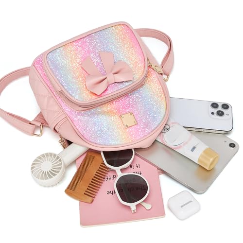 Image of I IHAYNER Mini Backpcak for Girls Small Bowknot Quilted Leather Backpack Purse for Women Travel Cute Trendy Stuff Gifts for Kids Rainbow
