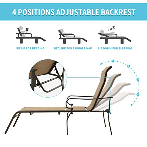 HOMEFUN Patio Chaise Lounges Outdoor, Poolside Chairs with Coffee Table Adjustable Back Reclining Iron Textilene 3 Pieces, Beige