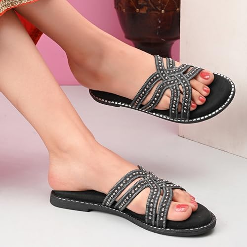 Image of Centrino Women's Beaded Flat Sandals| Open Toe Stylish Slip-On Sandals for Ladies | Metallic Crisscross Straps with Soft Cushioned Footbed for Comfort | Lightweight Casual Fashion Footwear (9305)