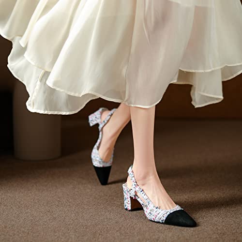 MICIFA Slingback Heels for Women，Round Toe Chunky Heeled Pumps Ankle Strap Fashion Splicing Dress Shoes