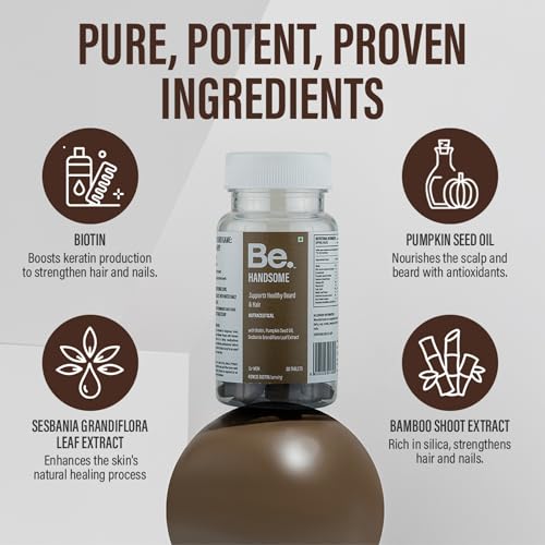 Image of Be. Handsome Hair & Beard Growth Supplement | Biotin, Pumpkin Seed Oil & Bamboo Shoot Extract | Stronger Hair, Beard Fullness & Reduced Hair Fall | Travel Pack | 20 Tablets