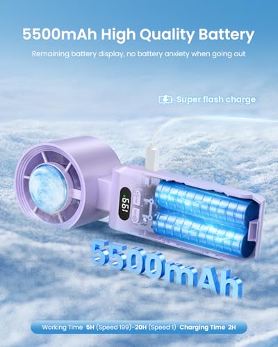 Image of 2 Pack Handheld Portable Turbo Fan with Ice Cooler, Speed (1-199) 5500mAh*2 Rechargeable Personal Fan,[20H Cooling Time] Mini Yet Powerful, Small Pocket Fans for Travel /Outdoor /Office, Purple