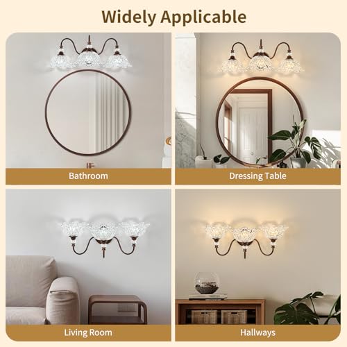 Image of Antique Red Bronze Finish Bathroom Vanity Light, 3-Light Vintage Vanity Light with Floral Clear Glass Shades, Retro Wall Mount Lighting for Bathroom, Dressing Table